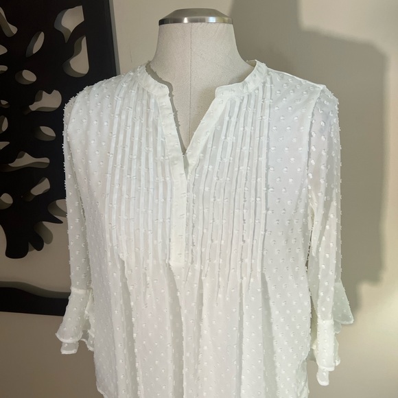 Charter Club flowy white v-neck blouse bell sleeves sheer overlay PL - Picture 3 of 11